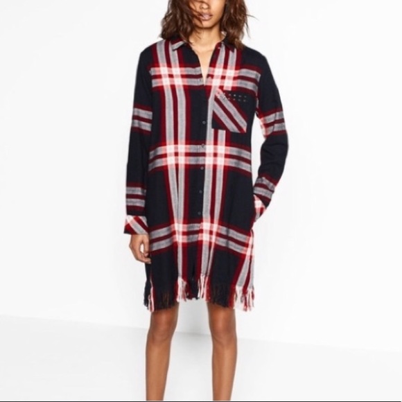 Zara Tops - Plaid long shirt/dress with fringe